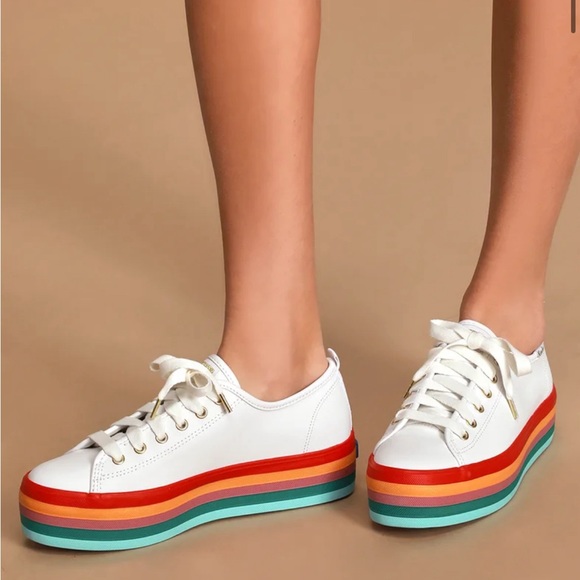 Keds Shoes - Keds White Platform Sneakers with Rainbow Stripe Sole